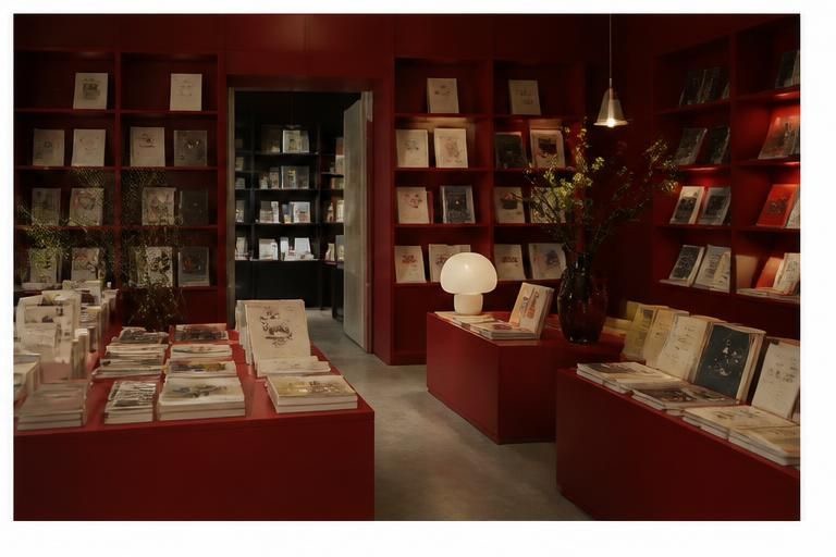 Интерьер книжного магазина с красными полками